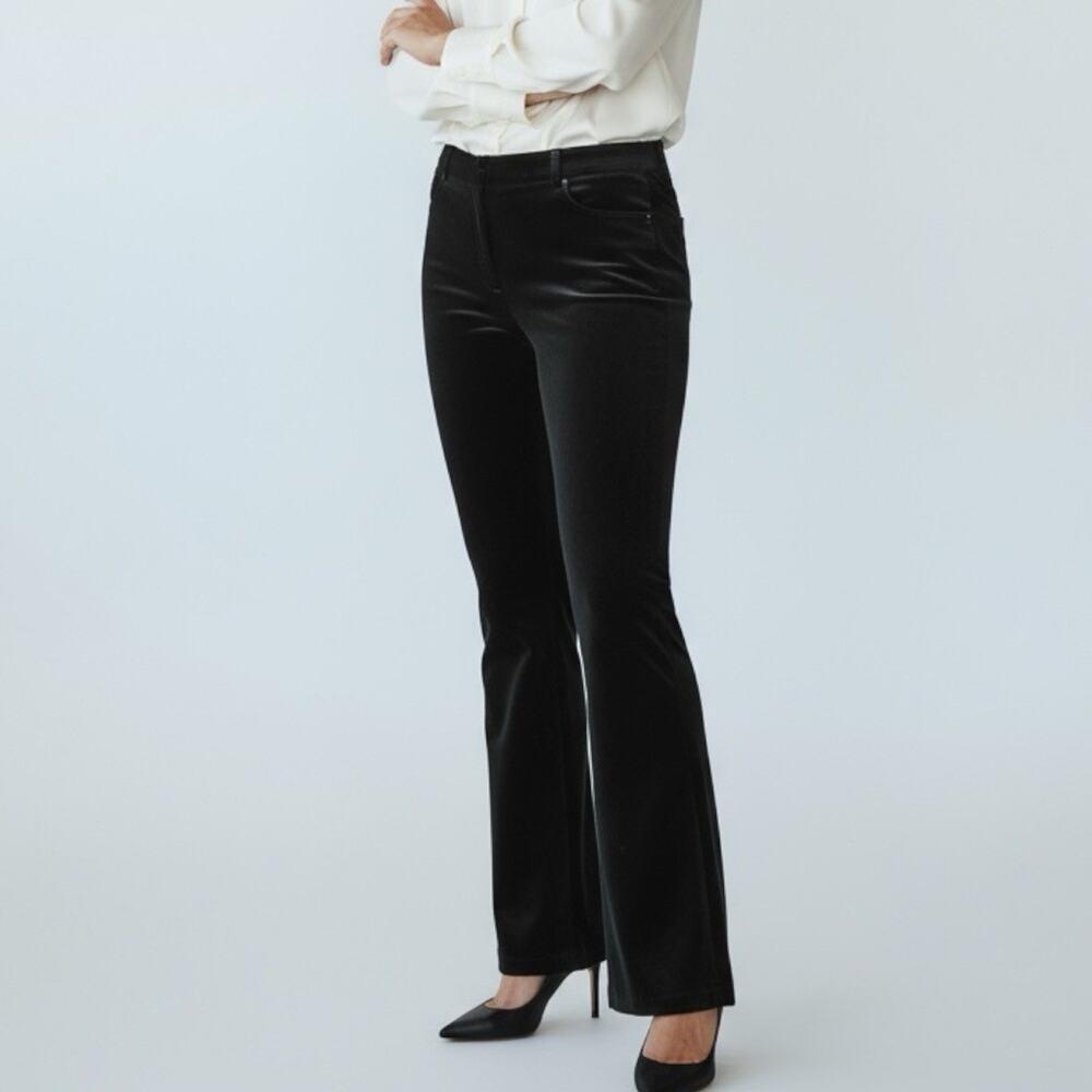 Nordstrom Studio Trousers Black Velvet Straight Leg Size 12 Flat Front Pockets